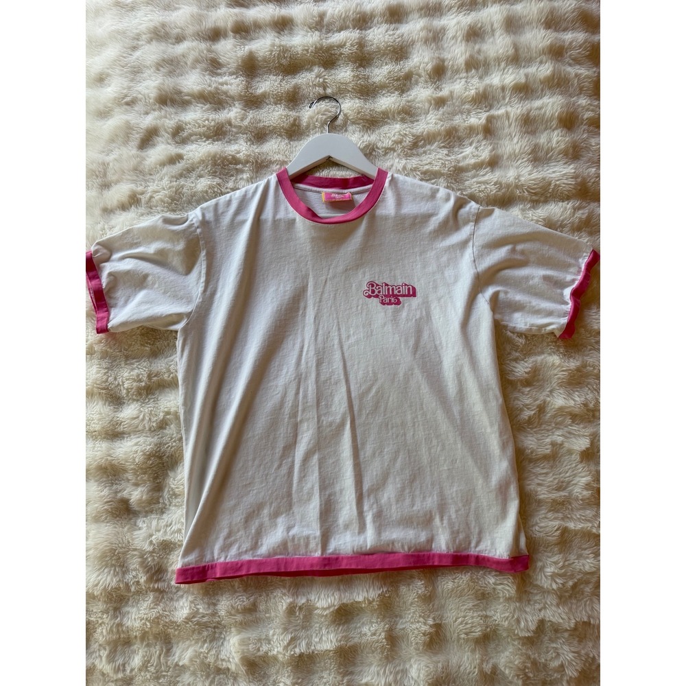 Balmain x Barbie Ringer T-Shirt White Pink Logo Small